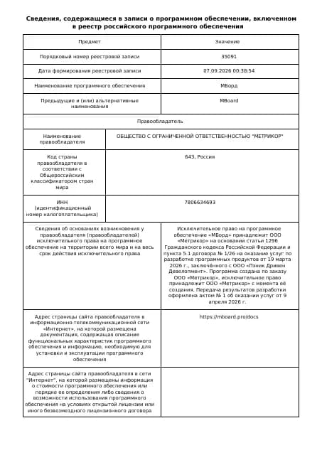 Первая страница документа «Карточка МБорд в реестре российского ПО»