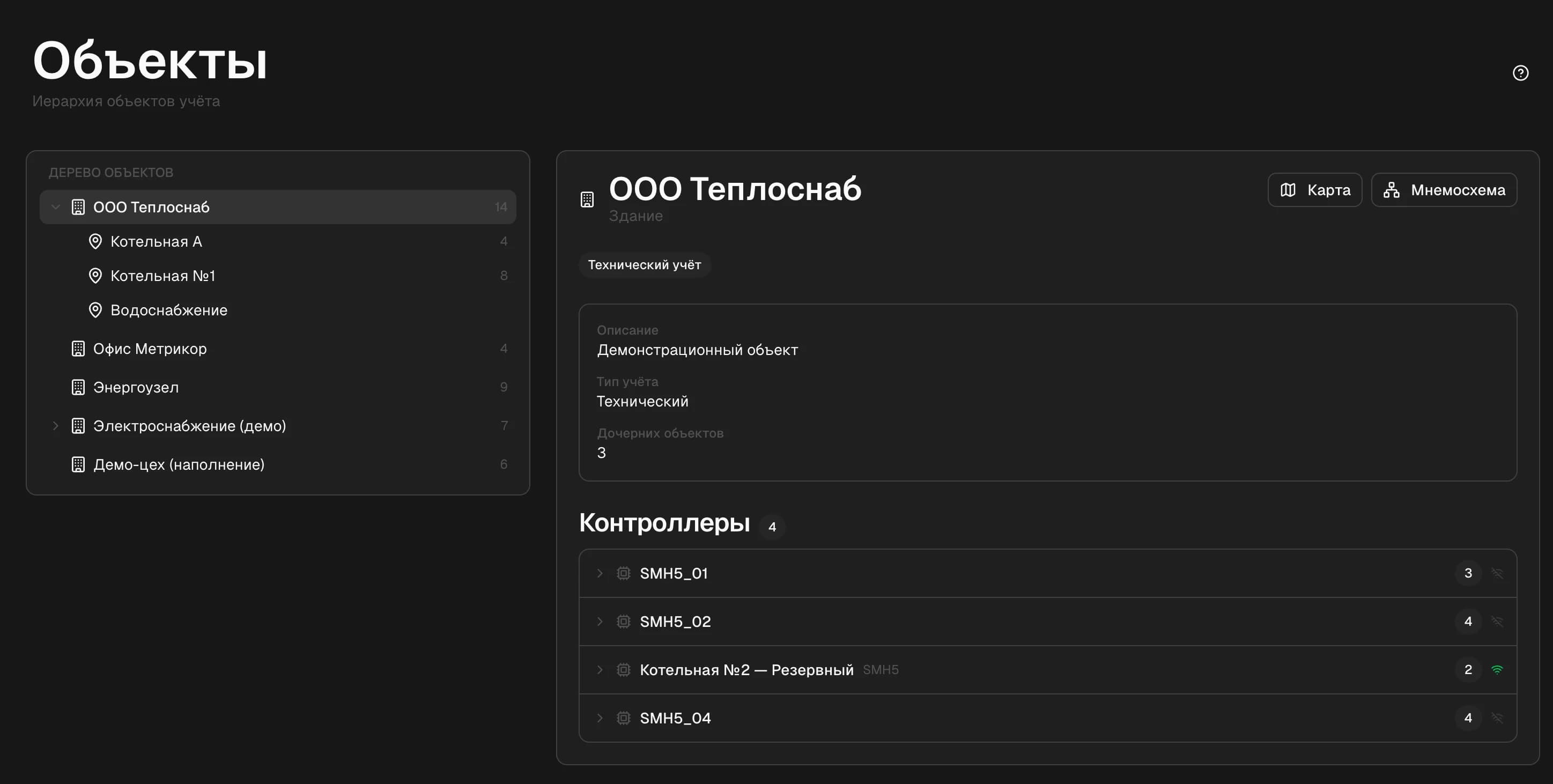 Дерево объектов в МБорд: здание с вложенными объектами, тип учёта и привязанные контроллеры